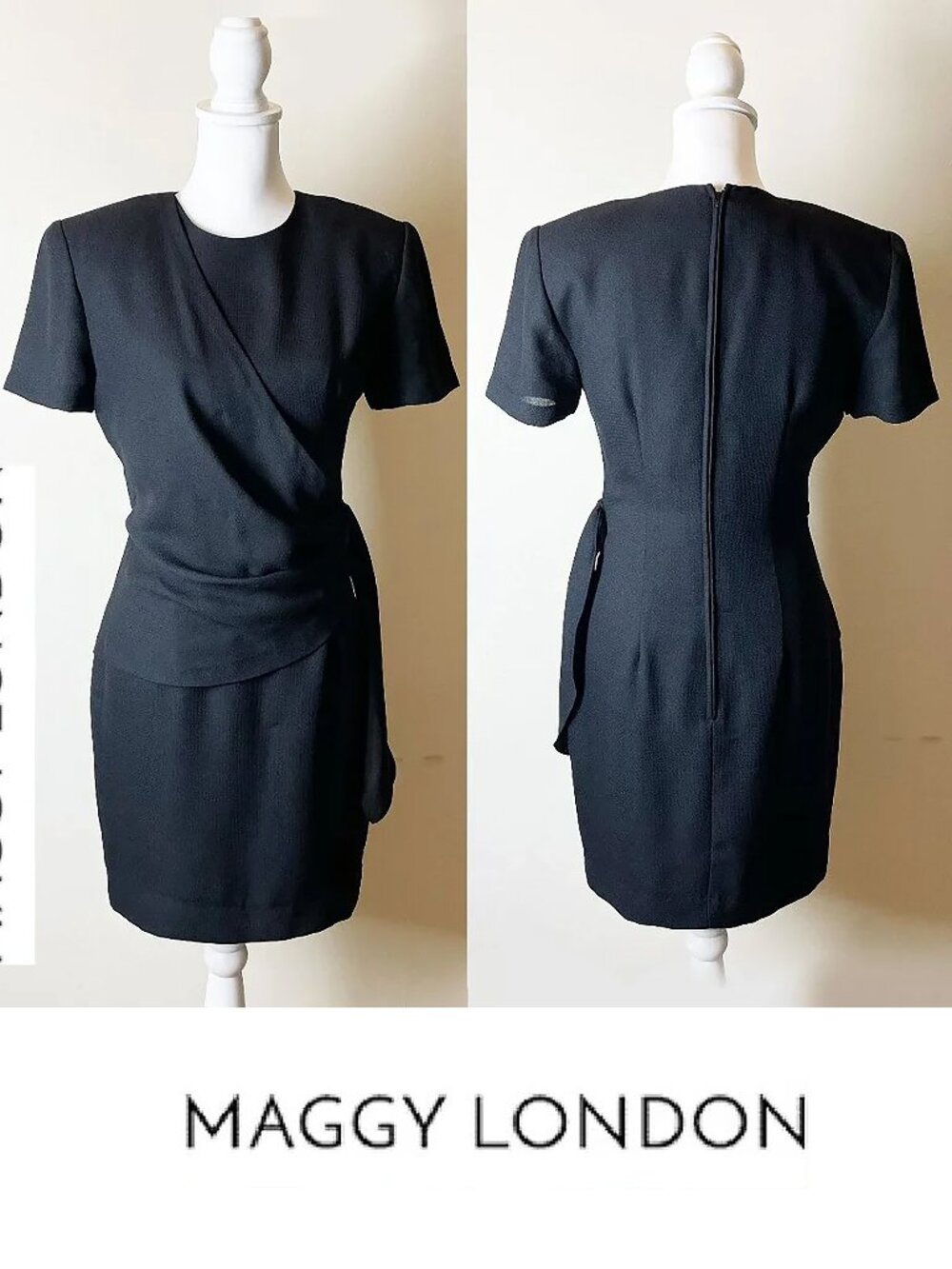 Maggy London Vintage Black Short Sleeve Dress w/Padded Shoulders | Size 4 | EUC